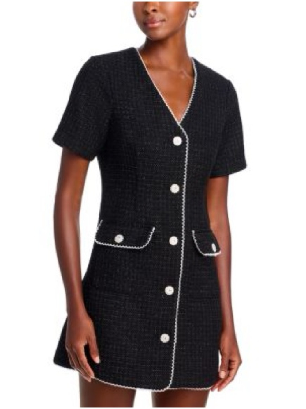 AQUA Black Tweed Mini Dress Pearl Buttons Lace Trim Chanel Style M NWT